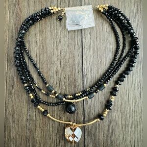 Black Beaded Layered Necklace with Heart Pendant